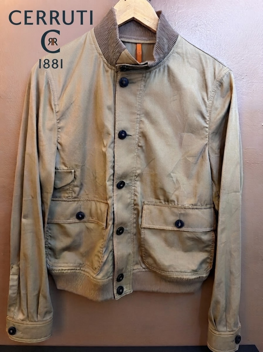 Cerruti 1881 Men's Beige Bomber Jacket Button Front Stand-Up Collar Pockets 50